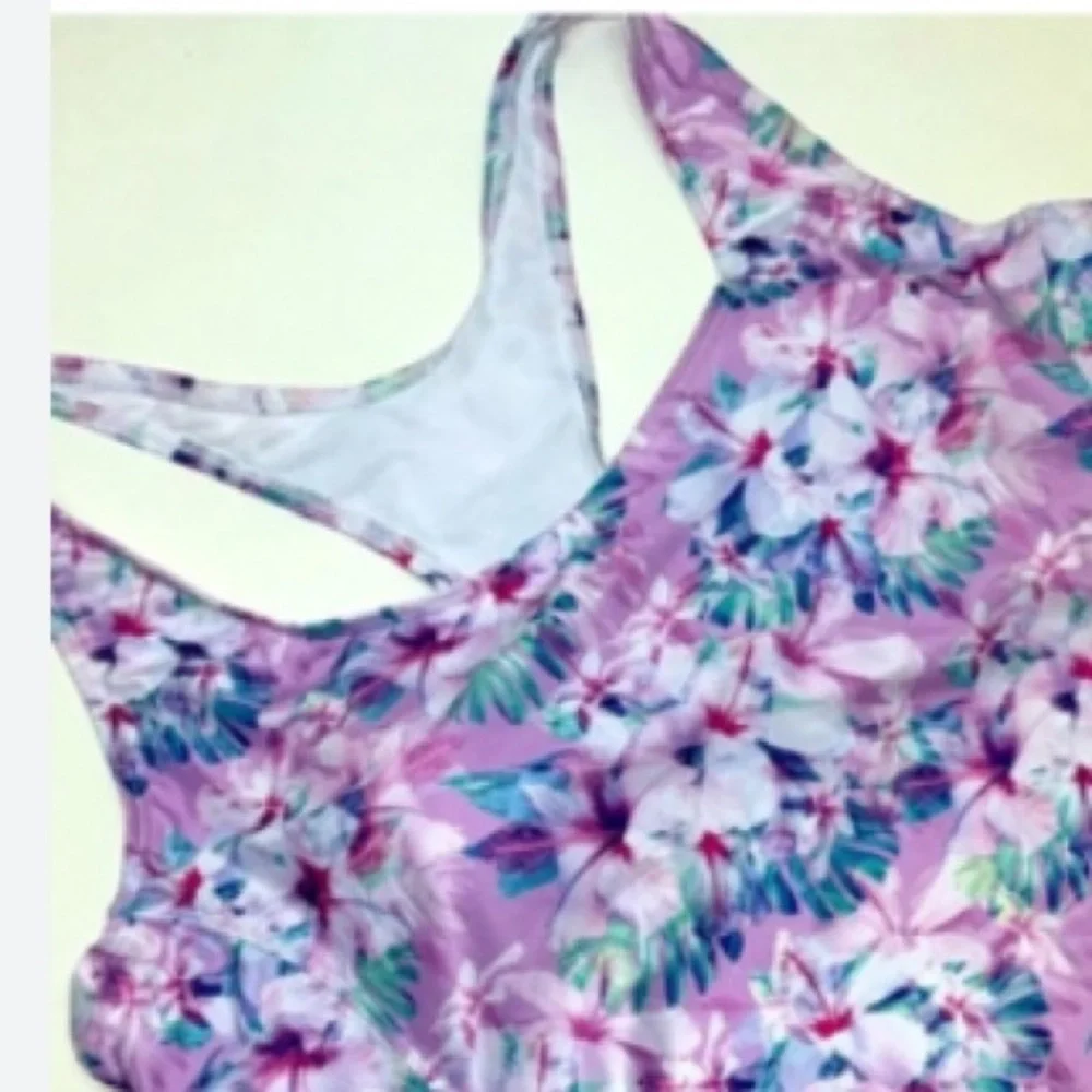 NICOLE MILLER Purple Periwinkle   Floral Racerback One Piece Swimsuit NWOT